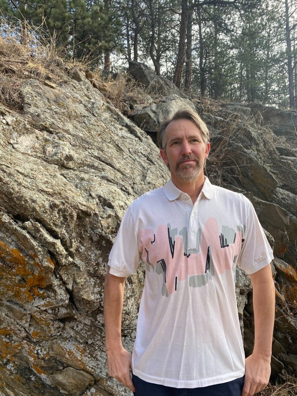 80's Miami Vice Ready white, pink, and gray Polo Size: Men's Large